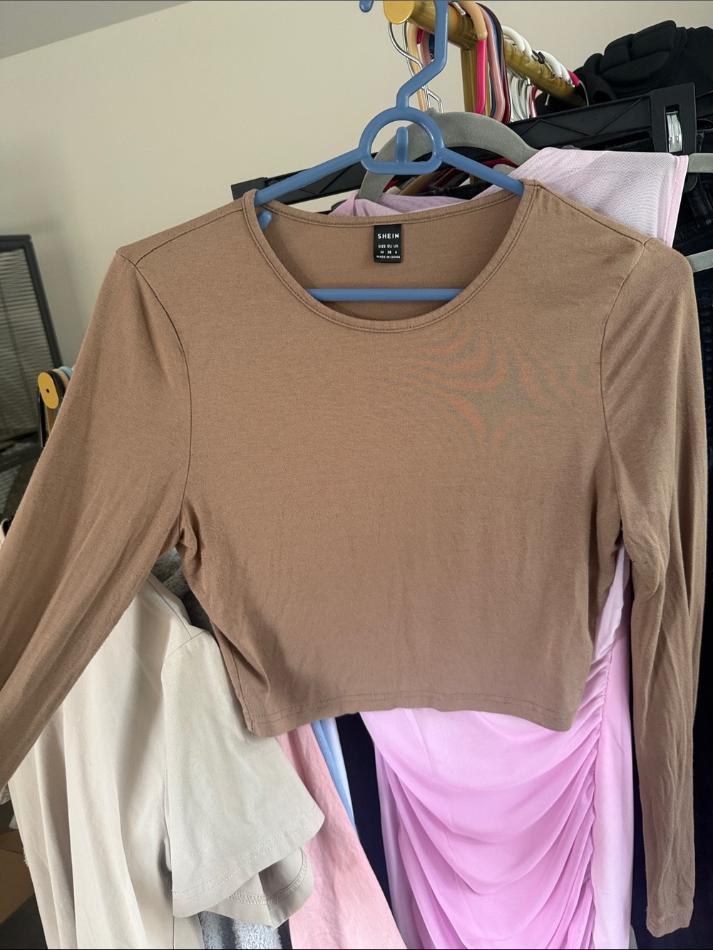 SHEIN Brown Long-Sleeve Cropped Crew Top